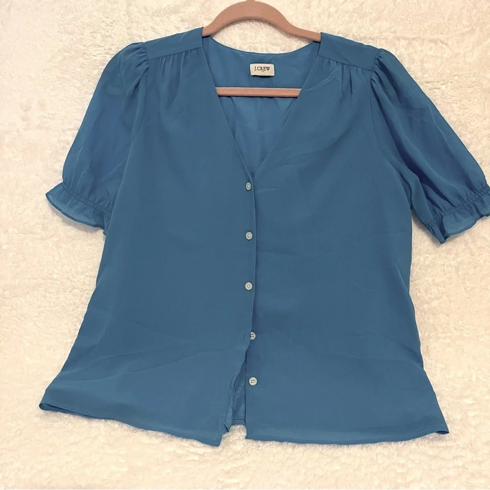 J. Crew Blue Buttoned Puff Sheer‎ Sleeve Blouse XS